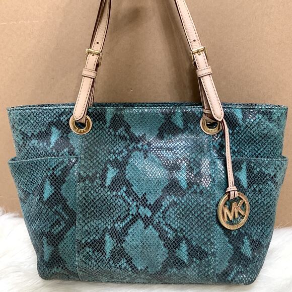 MICHAEL KORS Emerald Green Crystal Snakeskin Python Leather Large Pocket Tote - Picture 1 of 16